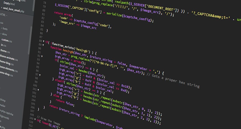 A close-up image of a computer screen displaying lines of colorful programming code in a code editor. The code features various syntax elements highlighted in multiple colors such as yellow, pink, blu